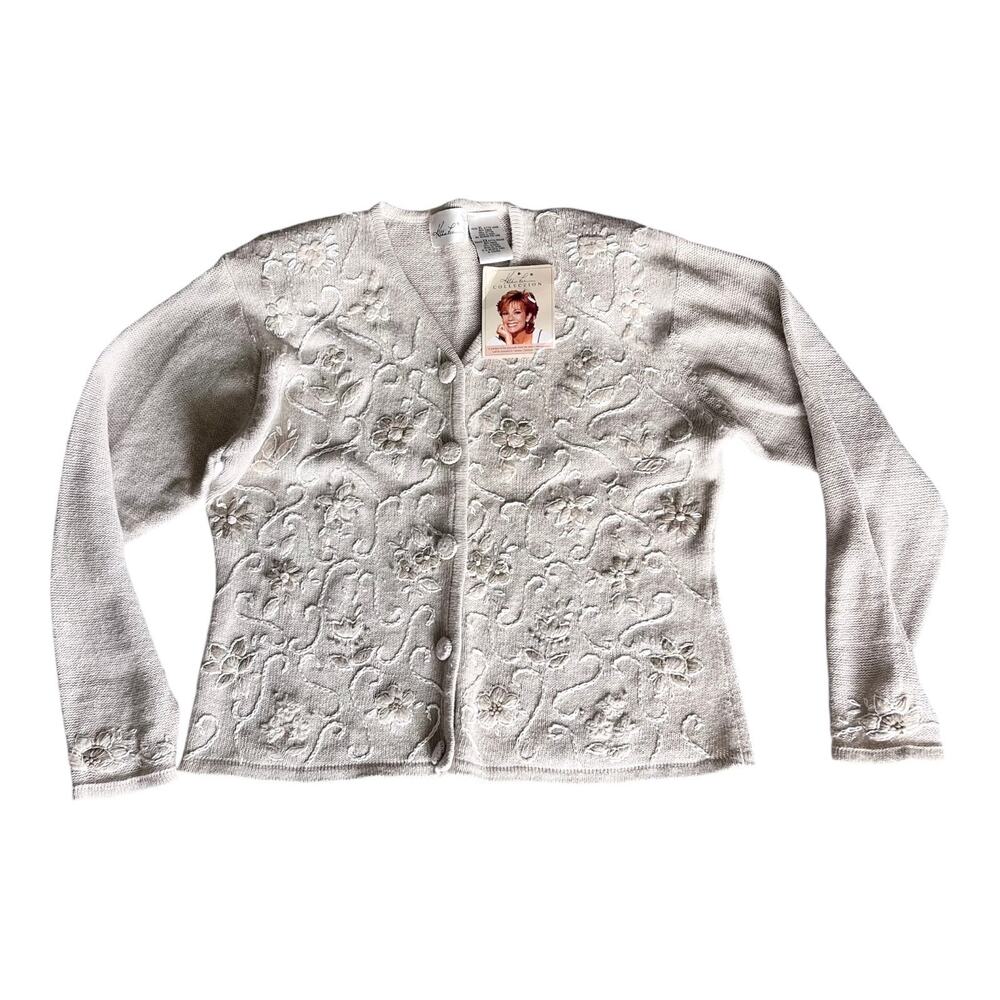 NEW Kathie Lee Floral Embroidered SWEATER Button Up Cardigan Taupe Tan Women XL